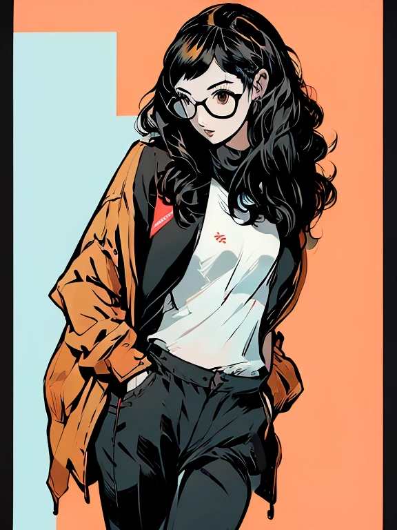 ((chibi)), big head, focus face, in the art style of persona5, (masterpiece:1.2, highest quality), (Realistic, photoRealistic:1.4), Beautiful illustrations, (Natural Side Lighting, Cinema Lighting), Written boundary depth, Beautiful thighs staring at the viewer, 1 female, 20-year-old, alone, thin, slender, (small breasts), long Hair, random Hair, Forehead, Forehead, Forehead, Forehead, thin, slender, glasses, ((Skinny black pants, collared shirt, oversized zip-up blouson)), Are standing, (((glasses)))
