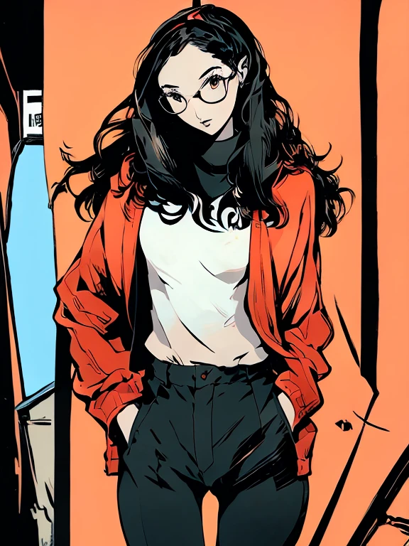 ((chibi)), big head, focus face, in the art style of persona5, (masterpiece:1.2, highest quality), (Realistic, photoRealistic:1.4), Beautiful illustrations, (Natural Side Lighting, Cinema Lighting), Written boundary depth, Beautiful thighs staring at the viewer, 1 female, 20-year-old, alone, thin, slender, (small breasts), long Hair, random Hair, Forehead, Forehead, Forehead, Forehead, thin, slender, glasses, ((Skinny black pants, collared shirt, oversized zip-up blouson)), Are standing, (((glasses)))