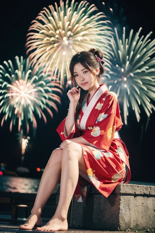 ((A sky full of colorful fireworks)),yukata,Tying up hair, ribbon, Wide angle,Full Body Shot