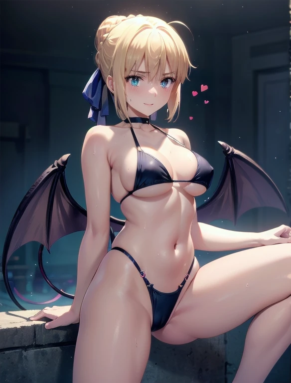  masterpiece, beautiful detail, beautiful light and shadow,Beautiful Anime Woman, Beautiful art style, Anime characters,1girl, ((((solo)))),saber,blonde hair, french  braid,short hair, hair ribbon,Sexy Hard Body, cleavage,dynamic pose,looking at another, sweat,smile,shy,((close-up)),((slingshot swimsuit)), parted lips, black choker, standing ,spread legs, bare arms, blush, heart-shaped pupils,underboob,navel, ((demon wings,demon girl)), Halloween 