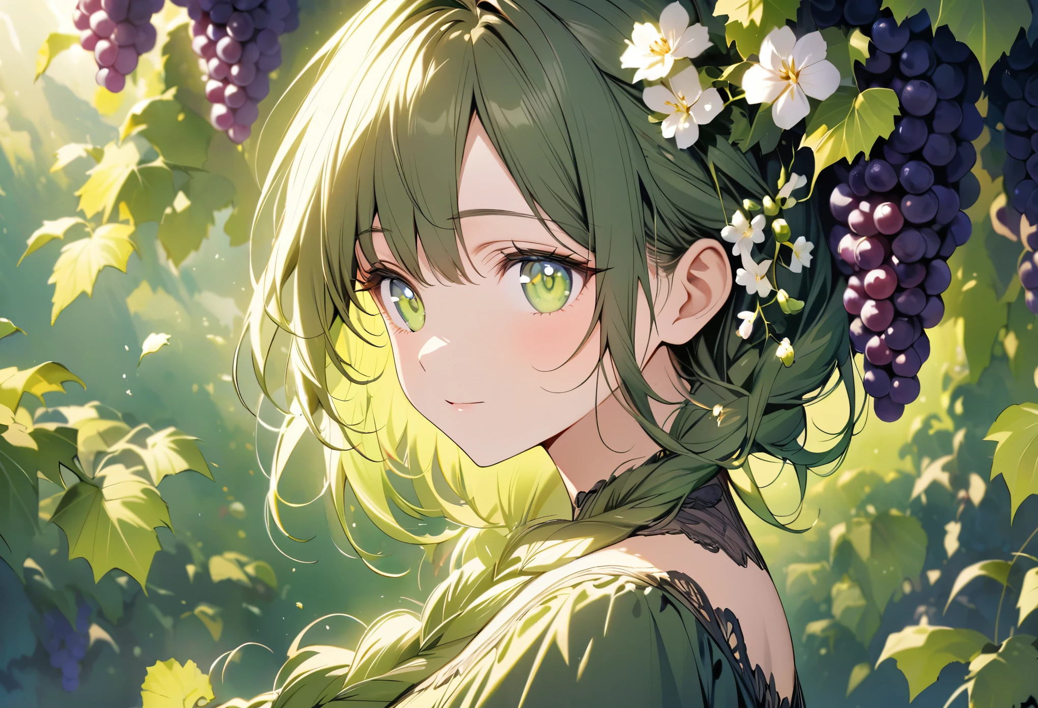 Painting of grapes and bunches of grapes swaying in the background, portrait of one woman with white flowers braided into her hair, she is very beautiful in a dark green dress, her eyes are very finely drawn, lush green background, bright lighting