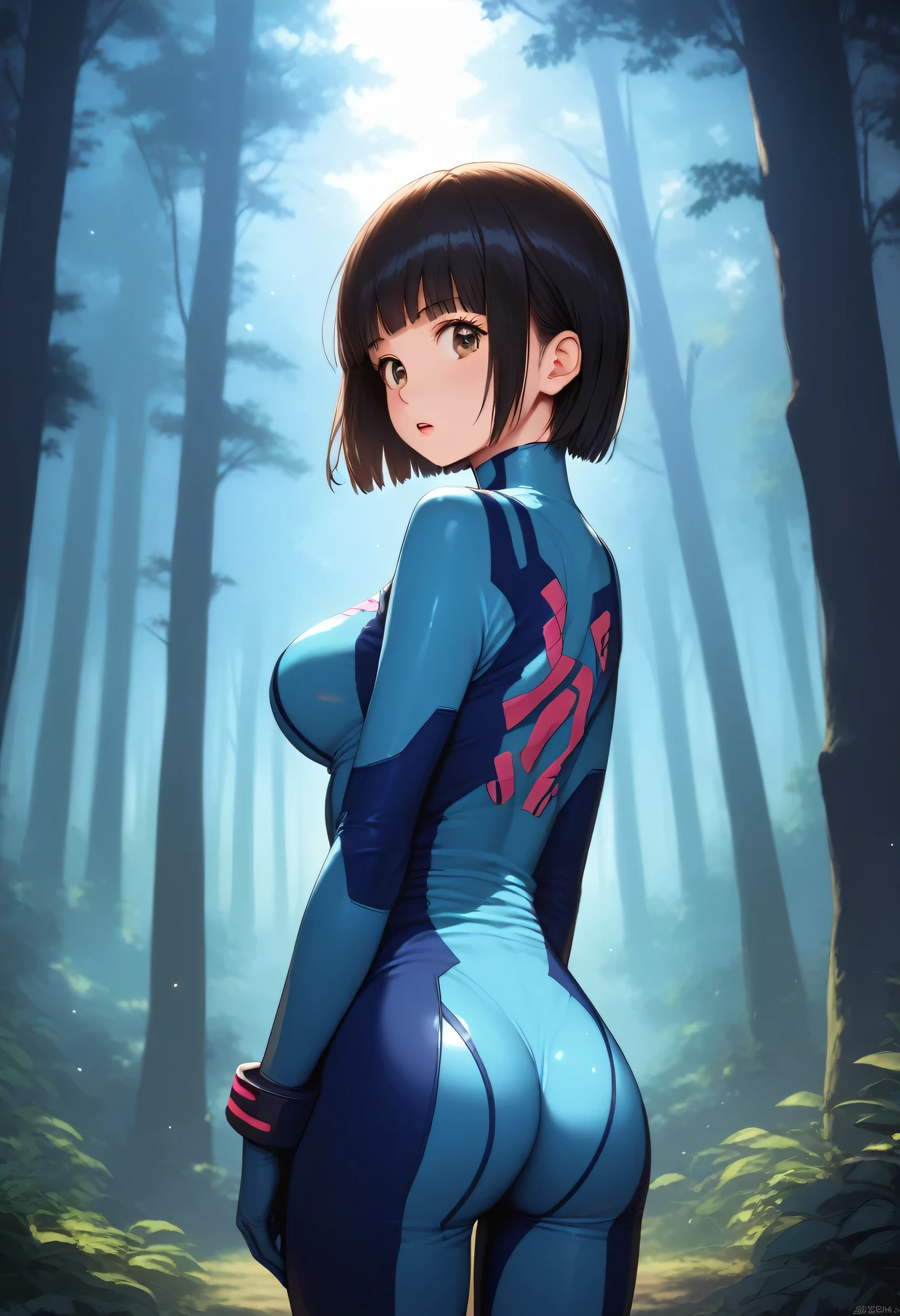 score_9,score_8_up,score_7_up,masterpiece,best quality, source anime, realistic, super detailed, extreme detailed, rating_explicit, 
1girl, solo, standing, from behind, looking back,
BREAK 22yo, short hair, bob cut, (blunt bangs), black hair, (tareme, detailed cute brown eyes), curled eyelashes, (large breasts:0.9), 
shiny hair, beautiful detailed eyes, beautiful face,
zero suit,
serious, open mouth,
forest, night, (tree, darkness:1.3), 