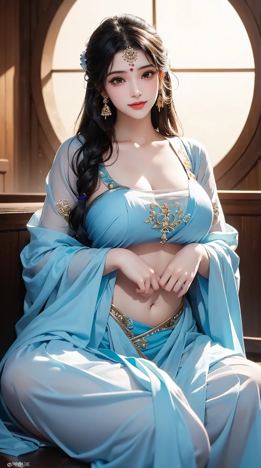 1girl, cute face,pretty face, jaw dropping beauty, cute smile, indian girl, ((indian mythology dress)),((indian mythology girl)), cute indian girl, bindi, ((beautiful bindi)), ((beautiful shiny accessories)), accessories, pony tail,((sanskari dress)), ((pure kapde)),full saree,((full light blue saree)),((full blouse)), ((ultra high detailed 1.9)),((ultra high resolution 1.9)),((ultra high quality 1.9)),(masterpiece)), (perfect lightings), (very Big breasts 1.9)), ultra huge breast , showing her cute body 