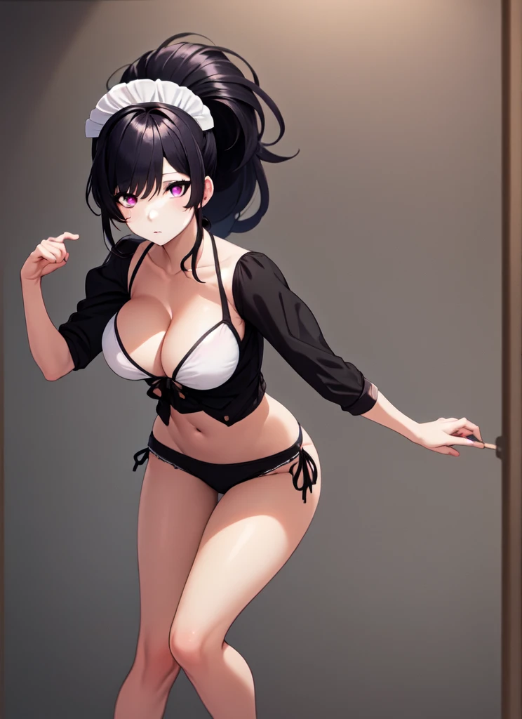 One person, Black Hair, Purple eyes, Large Breasts, Short Ponytail, Bikini Maid Beautiful Legs Upward Eyes,