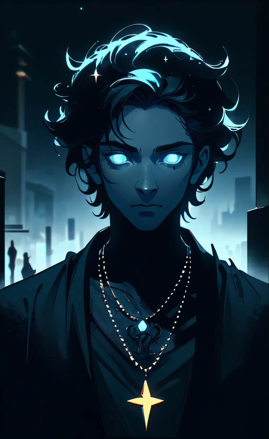 a man holding a dark blue and black artifact with white stars, detailed face, intricate details, 8k, cinematic lighting, dramatic colors, fantasy art, concept art, digital painting, masterpiece, award-winning, anime style, portrait