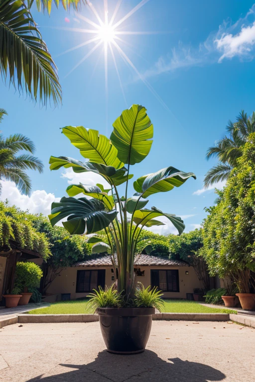 Ultra realistic scene, Parallel world, tropical otherworldly plant in the role of god, cult, tropical flowers, Unusual art, Unique art, Summer blue sky background, Sun Ray, bright Sun Ray, Blender, Product Rendering, HD 8К. 