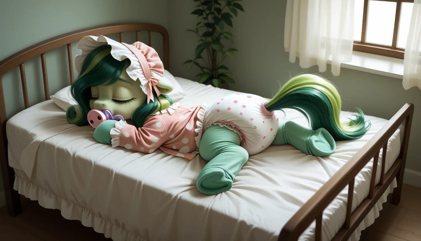 pony, Pegasus, adult filly, emerald green fur, a lush mane, gathered in a bonnet, bushy tail, closed eyes, sleeps in a crib, dressed in pajamas and booties, pacifier in mouth, solo, thick diaper under clothes, bulge on the back of the diaper, between the hind hooves and on the front of the diaper, saggy diaper.