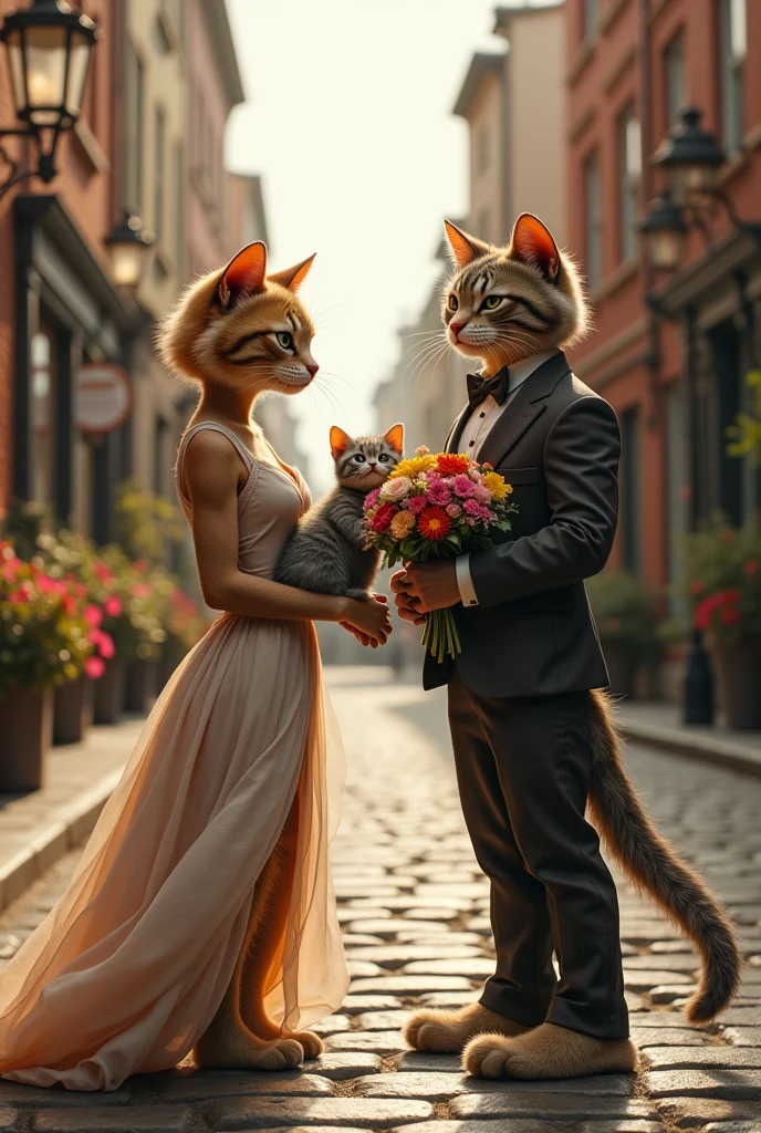 Here’s a detailed prompt for your image:
**"A realistic, full-body scene set in a vibrant city environment. In the foreground, a poor anthropomorphic cat is dressed in dirty, worn-out clothes, standing off to the side with a longing and sad expression. The cat looks on as, in the background, a well-dressed anthropomorphic cat receives a bouquet of flowers from a handsome male cat. The female cat is wearing a beautiful, elegant dress and is holding a small baby cat in her arms, while the male cat is dressed in a stylish suit. Their expressions are filled with joy and love as they share this tender moment. The cityscape around them is detailed, featuring cobblestone streets, classic street lamps, and blooming flower boxes. The image should be ultra-detailed, capturing the contrast between the poor cat and the happy family, with realistic fur textures, vibrant colors, and a 4K resolution."**
This prompt should capture the emotional depth and contrast you’re looking for in the scene.