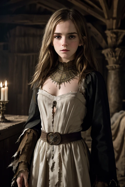 Emma Watson, masterpiece, ultra detailed, 8K, Raw photo, Realistic light, Cinematic composition, Realistic face, Realistic skin, Big Breasts, Long Straight Hair, (woman from Ukraine), (torn and dirty traditional clothes), cute sexy, pleasure, perfect anatomy, war, cinematic, medieval village, nightfall