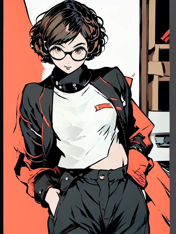 ((chibi)), big head, focus face, in the art style of persona5, (masterpiece:1.2, highest quality), (Realistic, photoRealistic:1.4), Beautiful illustrations, (Natural Side Lighting, Cinema Lighting), Written boundary depth, Beautiful thighs staring at the viewer, 1 female, 20-year-old, alone, thin, slender, (small breasts), short Hair, random Hair, Forehead, Forehead, Forehead, Forehead, thin, slender, glasses, ((Skinny black pants, collared shirt, oversized zip-up blouson)), Are standing, (((glasses)))