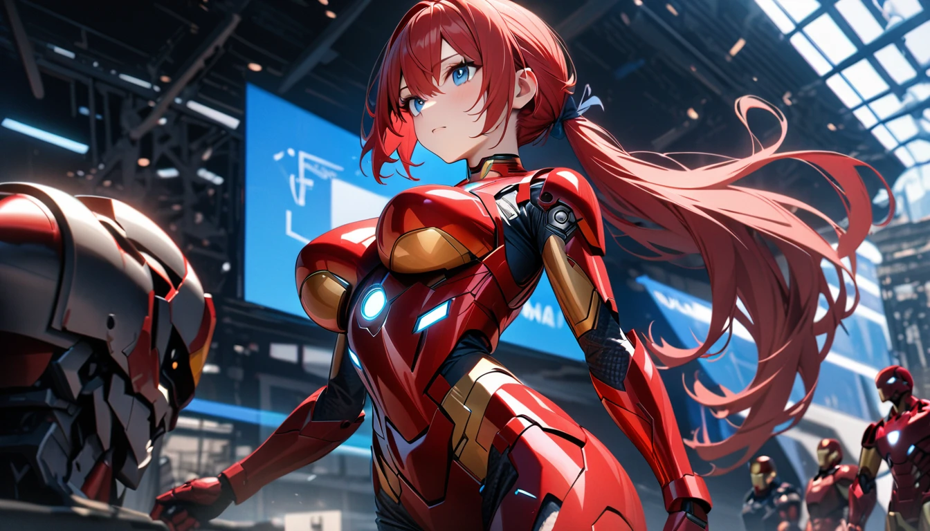 young, Long Red Hair, Double Ponytail, blue eyes, Iron Man Armor, masterpiece, Highest quality, Full HD, 8k, Super detailed, Great graphics、Beautiful breasts、Big Breasts、Cowboy Shot、Iron Man in the background