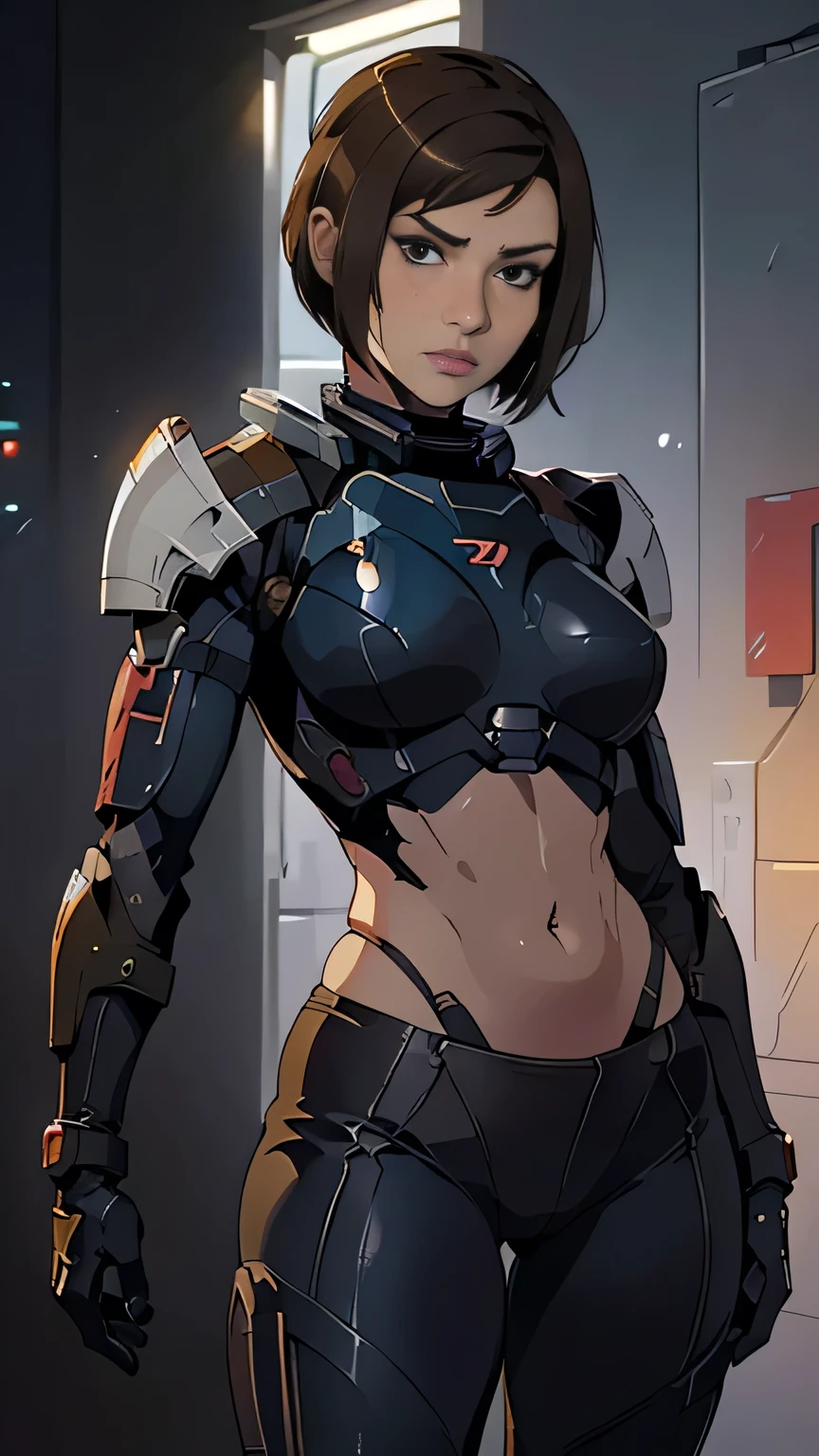 photo of mlp Meowko, RAW, beautiful woman, ((portrait)), ((detailed face:1.2)), ((anime face, anime facial feature, clear skin, glossy anime lips, clear skin), (short lesbian haircut, brunette: 1.55),  (perfect proportioned body, Strong, muscular, narrow waist, narrow hips, skinny, large breasts, exposed belly button), ((she wears a detailed tactical N-7 gear, Mass Effect armor, body armor, simple shoulder armor, leather combat pants:1.1)), intricate Sci-Fi background, metropolis, (realistic photo, best quality, detailed), (8k wallpaper), (bright cinematic lighting, lens flares, beautiful light, (noon:1.3)) (sharp focus, intricate)