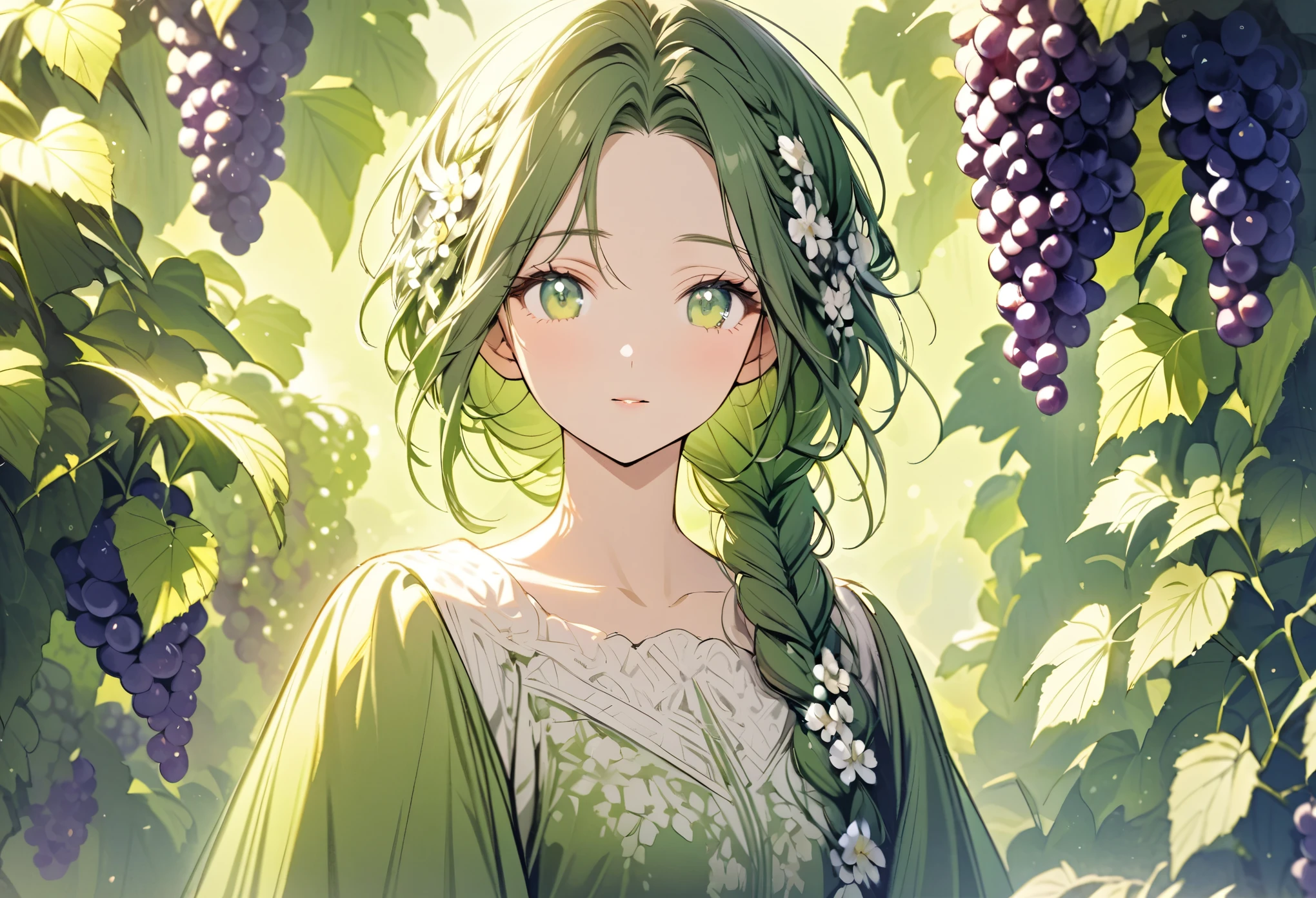 Painting of grapes and bunches of grapes swaying in the background, portrait of one woman with white flowers braided into her hair, she is very beautiful in a dark green dress, her eyes are very finely drawn, lush green background, bright lighting