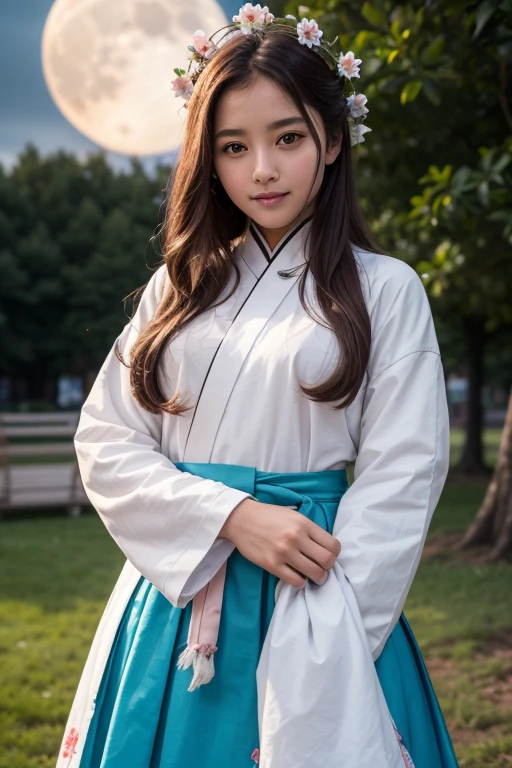 Best quality, high_Permission, distinct_image, detailed background ,girl, hanbok,flower,USA,moon, night,Dutch corner, wide shot, crown,  