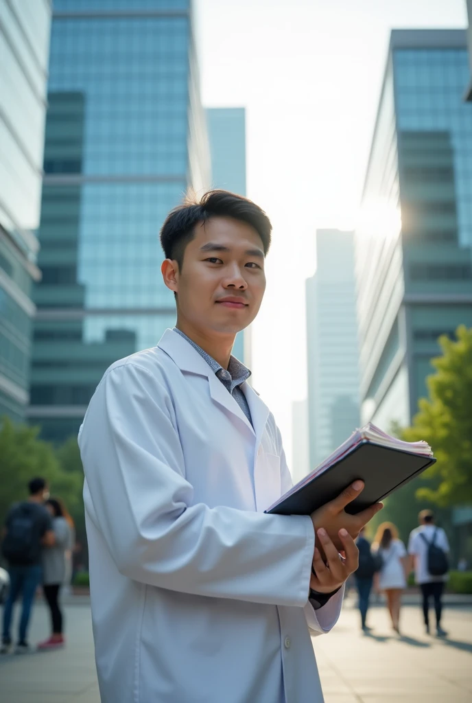 {
"size": "1024x1024",
"prompt": "A male student from the University of Science and Technology of China (USTC) with noticeably thinning hair, wearing a white lab coat. He has a determined and focused expression, holding a notebook or research papers. The background includes modern, high-tech university buildings, reflecting the institution's emphasis on cutting-edge research and innovation. The student exudes a sense of dedication and intelligence, embodying the spirit of scientific inquiry."
}