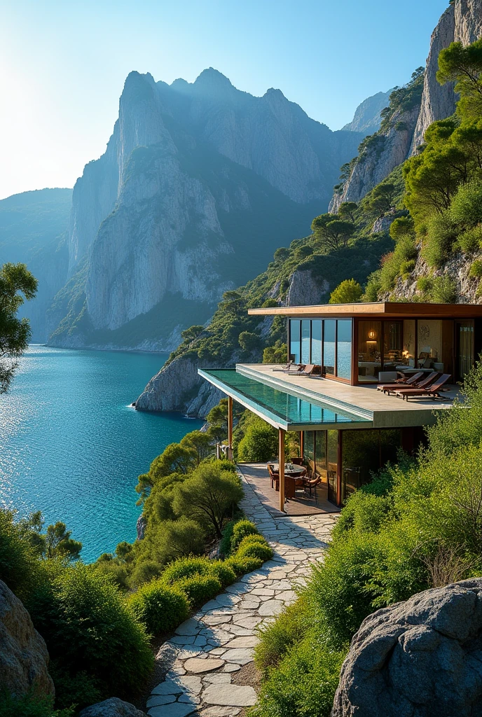 Place a cool villa, which is inside a mountain which you can also see, that the villa is inside the mountain with the view of the sea and everywhere so beautiful green plants sun blue sky beautiful beautiful water