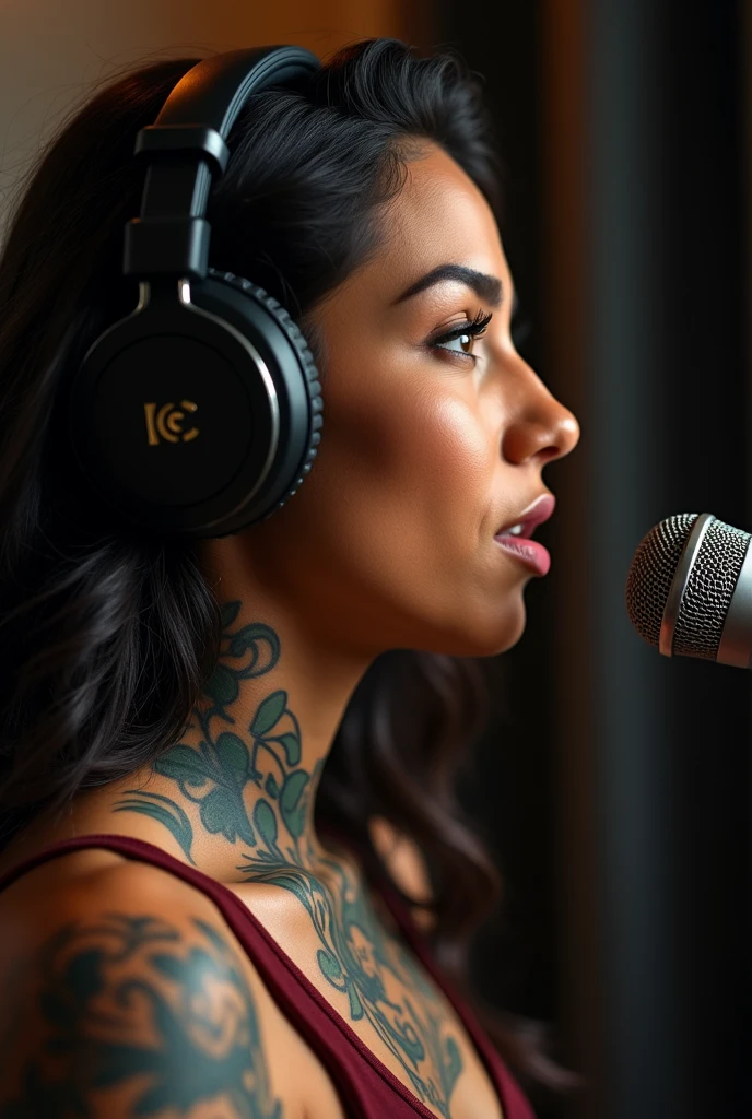 a women mexican youtuber with tattoos, wearing headphones, speaking into a podcast microphone, profile view, high quality, realistic, cinematic lighting, 8k, detailed facial features, detailed skin texture, hyper realistic, dramatic lighting, intricate details, sharp focus, photorealistic, natural skin tones, studio lighting, masterpiece, extremely detailed, ultra-detailed