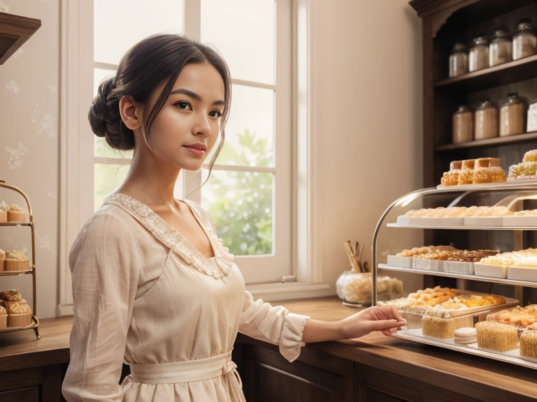 best quality, full body portrait, delicate face, pretty face,slim figure, instagram photo, 40 year old, breathtakingly Japanese woman, eyes sparkling with joy, she stands at a vintage bakery shop, side dutch pose, ((turn towards right side)), (masterpiece), (1 woman), preppy model, feminine, (cute face), (incredibly beautiful body), top-quality, ​masterpiece, high resolution, Photorealistic, highly detailed, true to life, detailed eyes, detailed beautiful skin at ears, (no earrings), life-like detailed beautiful brown eyes, ((styled loose Updo hair, long black brown relaxed hair)), (((hair tucked behind ears))), extremely detailed skin, slight skin blemish, moist nude lips, (exceptional delicate perfect ears), hyper realistic, big dark brown eyes, sincere, confident, mesmerizing eyes,(double eyelid), (realistic face), ((fresh dewy healthy skin texture)),nice teeth, (moist lips)), light natural makeup, translucent white skin, realistic eyes, round iris black pupils, sparkly eyes, beautiful ear skin texture, (realistic skin), attractive, ultra high resolution, extremely realistic, wearing a feminine romantic cottage apron white dress long sleeves, intricate detailed blend of linen cotton fabric and lace detailed stitching delicate frill dress embroidered scooped chest, a thin velvet ribbon neck princess bow, pleated at waist mid-length a-line skirt, beige brown colors fashionable feminine waitress dress by Max Mara, very detailed, golden ratio, graceful, (no jewelry), (nude skin ears, pretty earlobe), sharp focus face side body,effortlessly,serene eyes, natural morning daylight, Realistic,sharp focus,(intricate:1.03), Hyper Real, a wider interior, background: a french cake shop, detailed french fruit pastries, sweet strawberry raspberry cakes,display rack bread, extremely delicate cakes,aesthetic interior, Raw photography, mood is a crisp morning, serene nostalgic bakery interior design, depth of field, ((((8k wallpaper))),