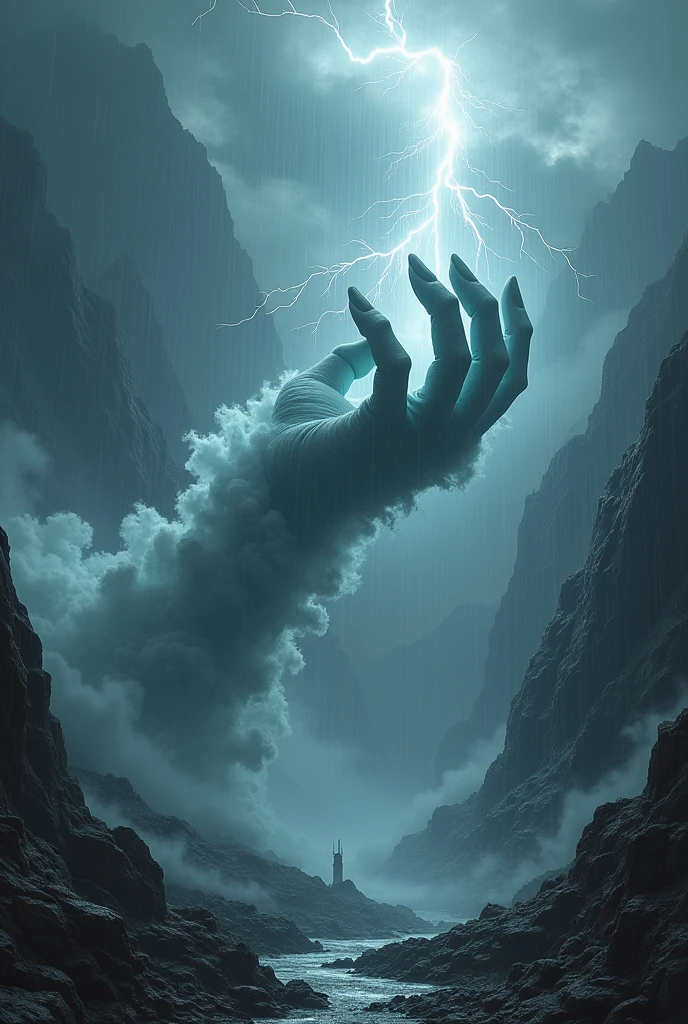 best quality, very good, 16K, ridiculous, Very detailed, The giant hand of the demon，made of mist, Background mountain top，hell，rain，thunders，lightning，Grayish screen（（A masterpiece full of fantasy elements）））， （（best quality））， （（Intricate details））（8K）