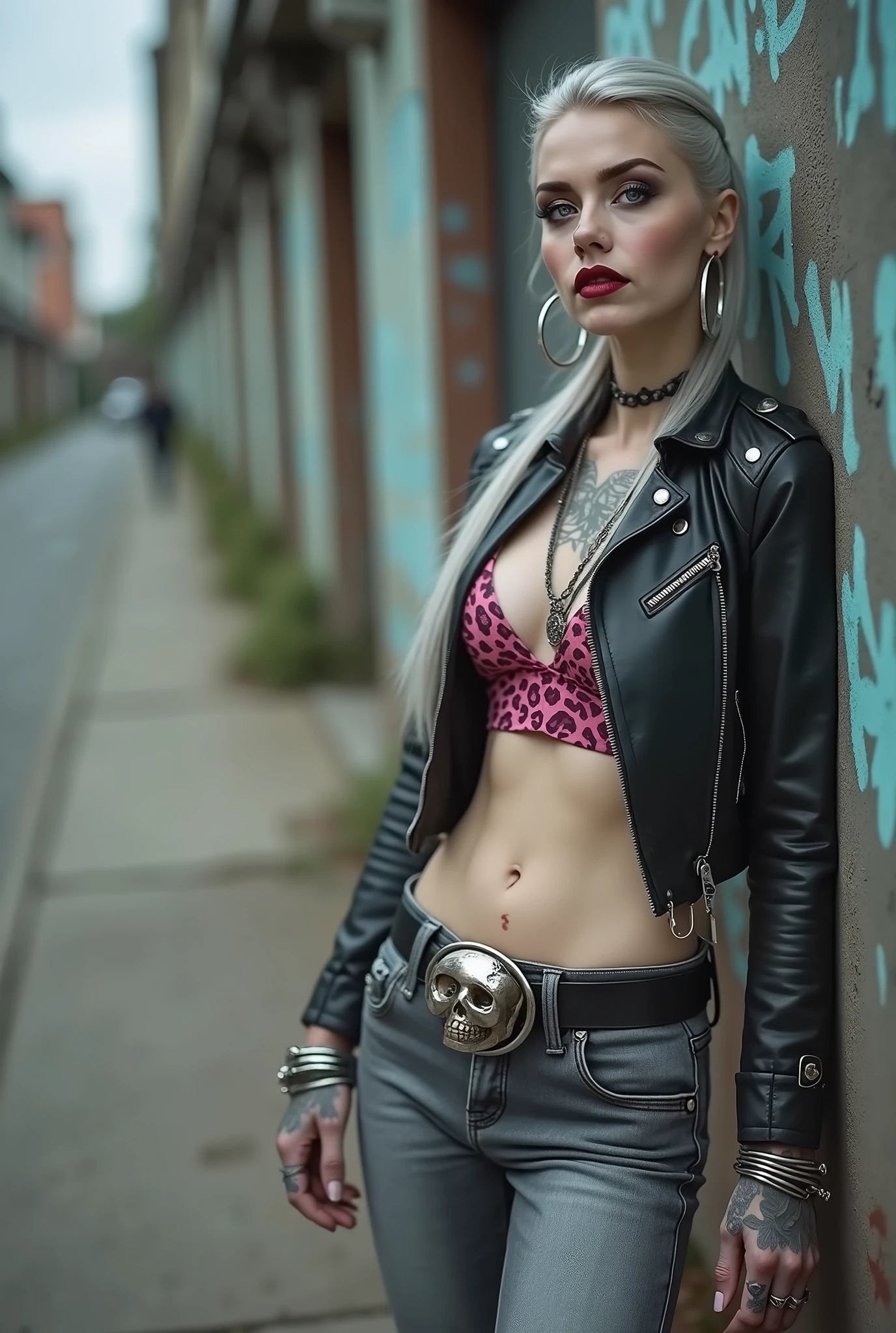russian old milf woman, biker gang member, long grey hair (low ponitail) with very light blue eyes, extremely pale, heavy eye shadows. Thin. Sad, humbled face, smeared excessive make up and smeared excessive dark red lipstick Wearing cropped black moto jacket, pink leopard print bra, skinny black jeans and white tennis sneakers. Lots of metallic bracelets. Big pentacle pendant. Tacky wide belt with massive skull and bones buckle . Demonic tattoos, on belly too. Piercing in belly button. Lots of rings and ethnic bracelets. Wide loop earrings. Looks at the camera with pouty expression. Toned abs, long neck, thin arms and legs. Shoulders leaning on wall, separated legs