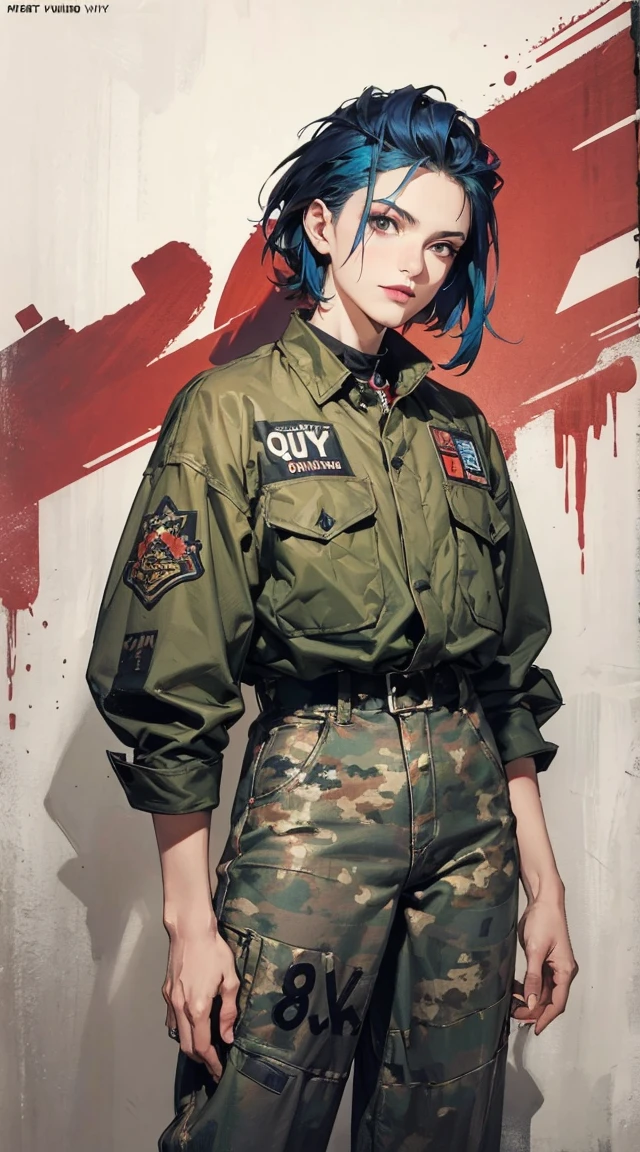 (best qualityer))), (((manga strokes))), (((blue hair with red highlights))), (((wide-leg trousers with desert military camouflage print))), uma Kizi jovem muito bem vestida com roupas modernas de inverno, pants with military camouflage pattern, top gift vertical stripes, short jacket with dark fur collar, beautiful and expressive face, slightly-smile, big eyes with long black eyelashes, heavy make-up, chains and zippers spread across clothes, contrasting colours, pose de atitude, hair with a modern and futuristic cut, urban game poster art, dramatic camera angles, graffiti art elements in the background, design mixing contemporary and retro by Shepard Fairey, (((cowboy shot))), (((best qualityer: 1.4))), (Unbeatable masterpiece), (hiper HD),(CG 8k hyper-realistic), Kizi, (((standing alone))), pirralha violent, ((())), sexly, pose de atitude, work of art, post-apocalypse, (((manga style))), bounty hunter, violent, Manic, the way you want, slenderbody, thin but strong, perfectbody, roupa moderna, advanced technology, neon, sleeves with vertical striped pattern, neutral background, (( cowboy shot )). intricate visual