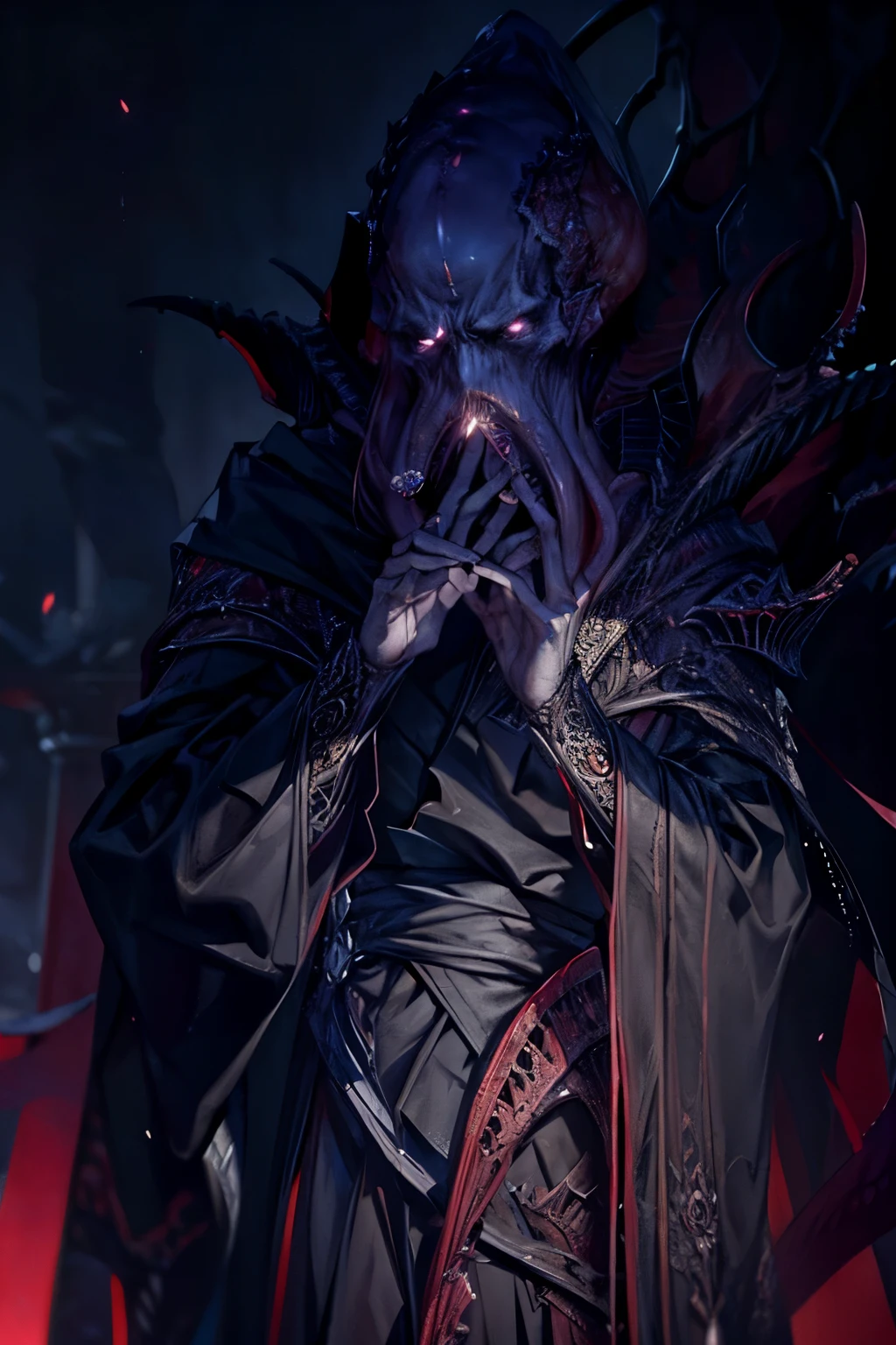 (masterpiece, best quality), anime, (mind flayer), black robes, cthulhu, the emperor, male, sharp eyes, prominent features, ornate headpiece, sinister expression, dark magical aura, intricate patterns, ethereal lighting, dramatic composition, cinematic atmosphere, moody color palette, chiaroscuro lighting