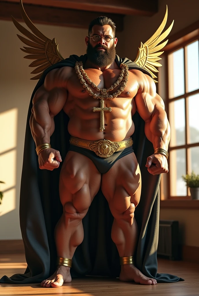 Muscle Man is an absolute monster of a bodybuilding superhero. His shoulders are three times as wide as his narrow waist. Well trimmed beard. He has a large cross on a thick gold chain around his neck. Eyemask, cape and golden metal wings with a technology feel. He is standing in a house. Photorealistic