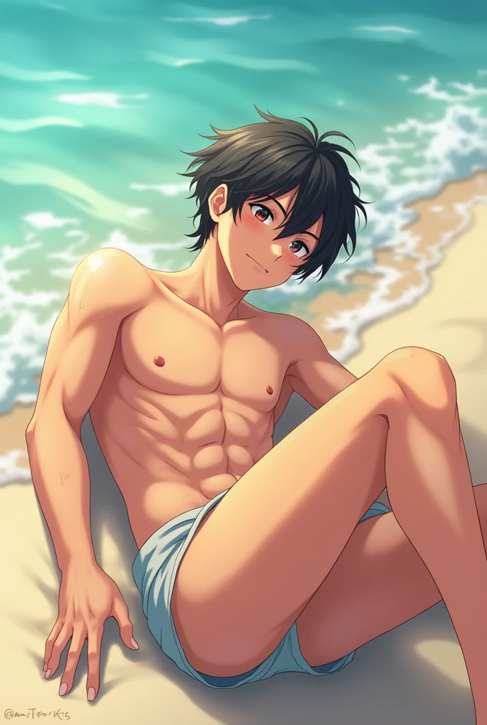 (Youthful anime man , slightly muscular and erotic), lying on his back on the beach while totally naked while having a wet and damp body, shirtless, showing the whole body, I am only a translate agent (NSFW)