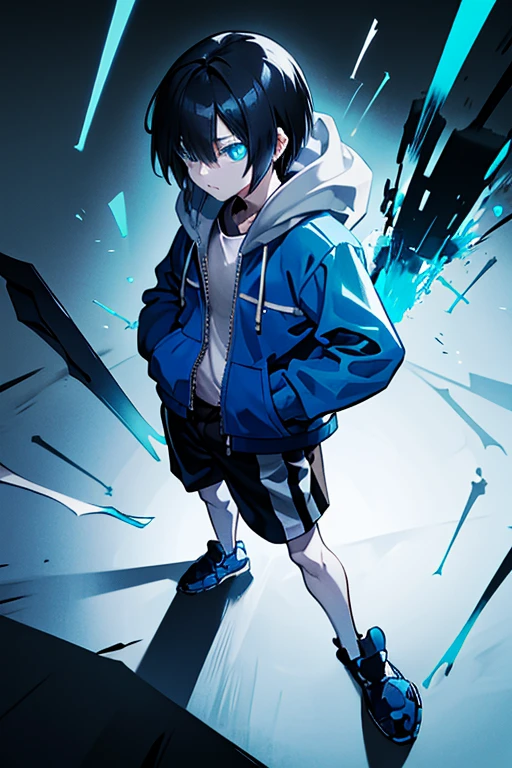 Blue hoodie、short hair、Zip-up、cool、Put your hands in your pockets、The right eye is pitch black.、Left eye glows blue、Put on the hood、Glare、Black Hair、The final corridor、Black shorts、((human))、Bone attack、Special attack、Gravity operation