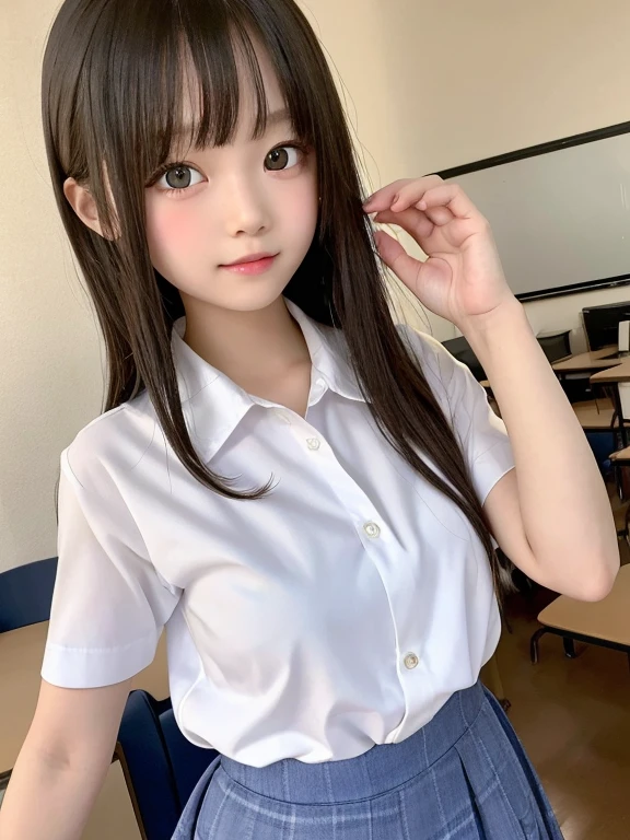 9 years old, elementary school students, full body, best quality, 8K, (Extremely detailed eyes, Extremely detailed face), very cute face, white shirt, school uniform, musume san, long hair, bangs, 1 girl,  big breast, outdoor, front view, looking down viewer,