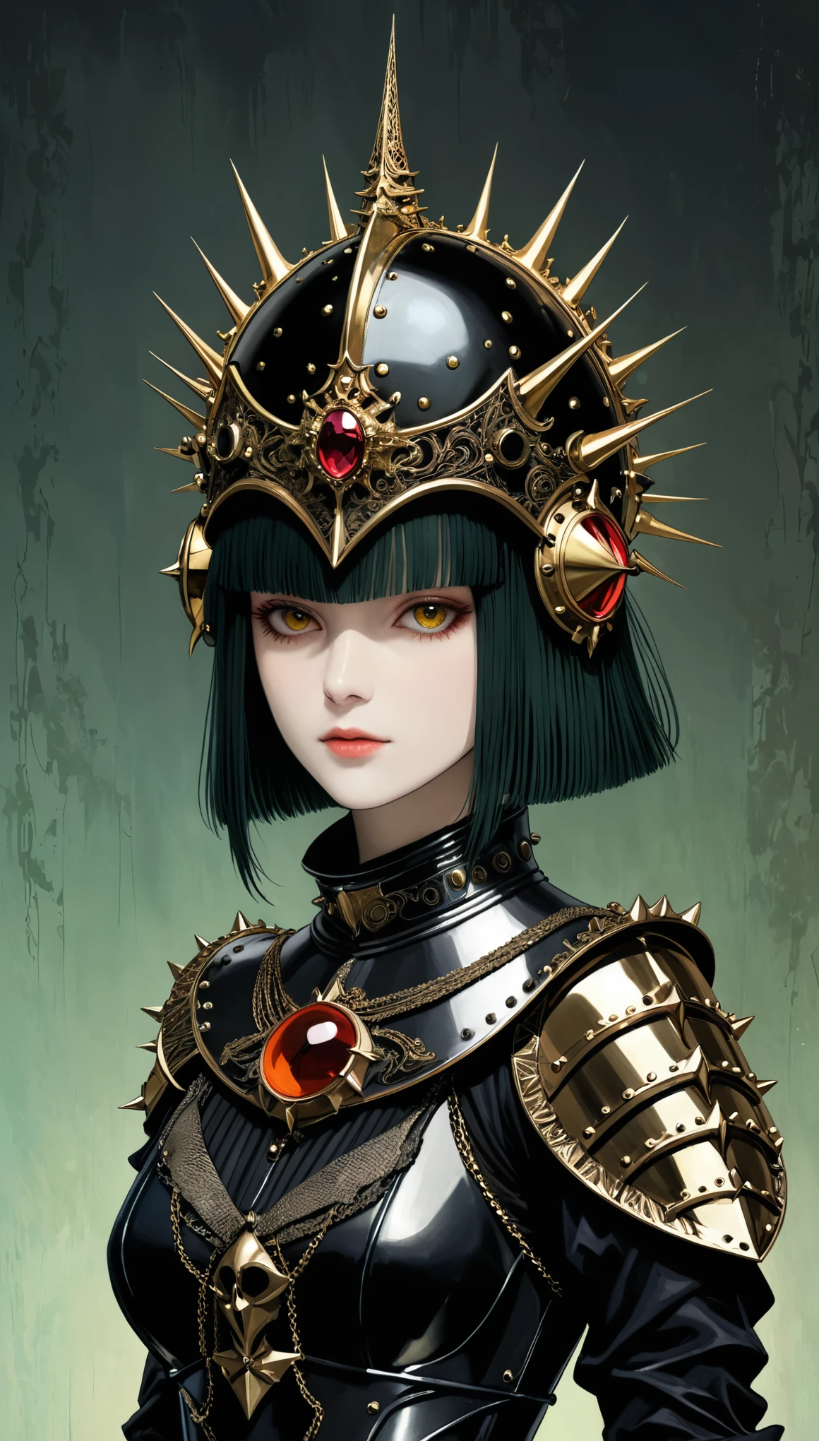in style of Santiago Caruso,in style of Harry Clarke,in style of Hans Hartung,in style of Aliza Razell
(1girl character concept design,half body),(real, realistic, stereoscopic:1.03),Demon's Crown fishbowl helmet,spiked helmet,black helmet