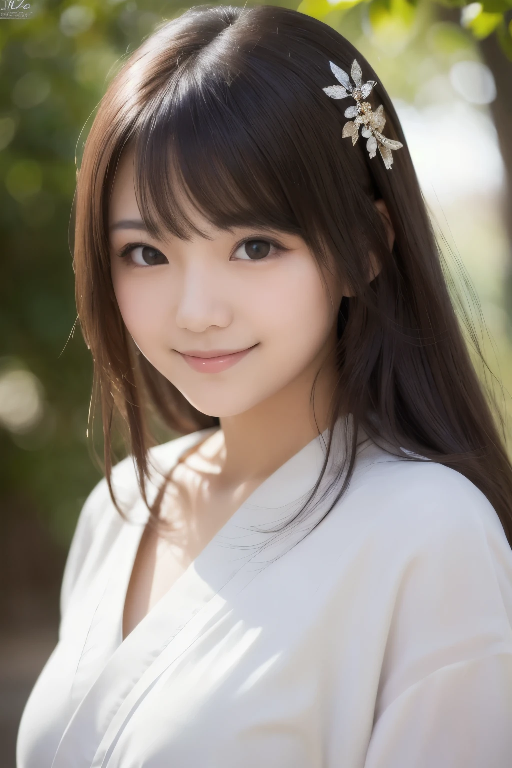 best quality, face focus, soft light, ultra high res, (photorealistic:1.4), RAW photo,(Shinozaki Ai), white skin, kawaii, 1 Japanese girl, solo, cute, (smile), (pupil, lights in the eyes),  detailed beautiful face, Medium-sized breasts,(high resolution detail of human skin texture),(long hair),(portrait), upper body, white traditional kimono