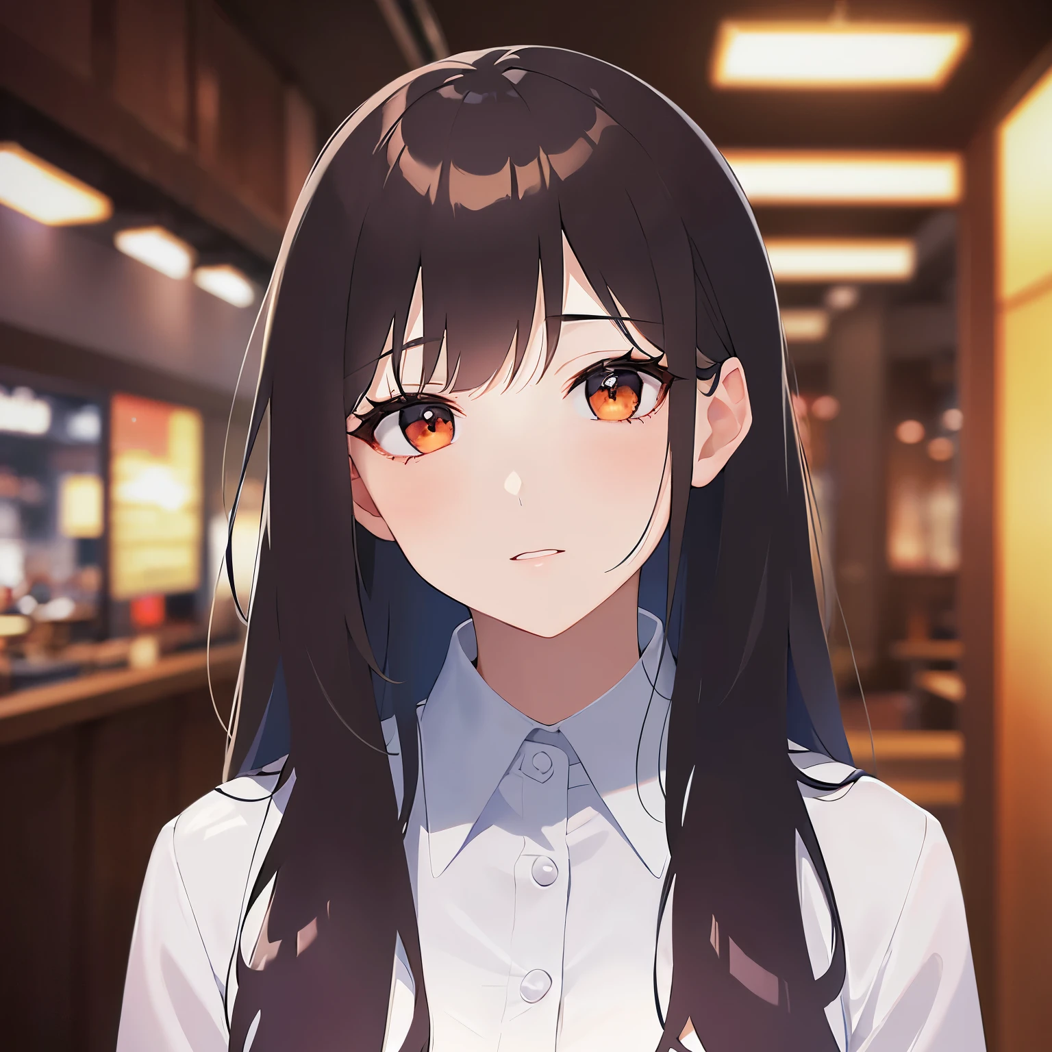 (looking at viewer:1.5)Upper Body, head tilt,
Realistic, real person, (pale skin: 1.2), RAW photo, photorealistic, shiny skin, shiny hair、(A 25-year-old woman with medium-length hair and bangs) and (wavy hair) and (brown hair) and (orange eyes) ,
(Wearing a business suit:1.5) and (Wearing a white collared shirt)、
worried, The background is the inside of a Japanese pub at night.、Alone、