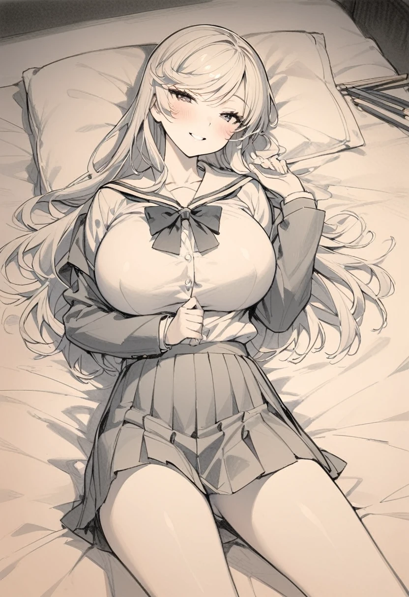1 ,Line drawing,monochrome,(sketch:1.5、pattern、pencil drawing:1.5、board:1.5),board,traditional media, whole body,look up,Cold Background ,(穿School uniform) ,Smile,Long hair,Lying in bed,Large Breasts,pubic hair,legs apart