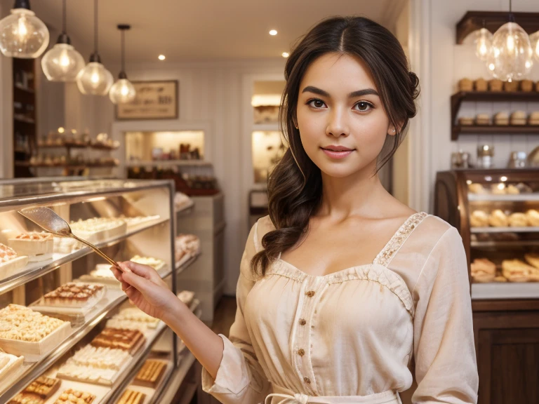 best quality, full body portrait, delicate face, pretty face,slim figure, instagram photo, 40 year old, breathtakingly Japanese woman, eyes sparkling with joy, she stands at a vintage bakery shop, side dutch pose, ((turn towards right side)), (masterpiece), (1 woman), preppy model, feminine, (cute face), (incredibly beautiful body), top-quality, masterpiece, high resolution, Photorealistic, highly detailed, true to life, detailed eyes, detailed beautiful skin at ears, (no earrings), life-like detailed beautiful brown eyes, ((styled loose Updo hair, long black brown relaxed hair)), (((hair tucked behind ears))), extremely detailed skin, slight skin blemish, moist nude lips, (exceptional delicate perfect ears), hyper realistic, big dark brown eyes, sincere, confident, mesmerizing eyes,(double eyelid), (realistic face), ((fresh dewy healthy skin texture)),nice teeth, (moist lips)), light natural makeup, translucent white skin, realistic eyes, round iris black pupils, sparkly eyes, beautiful ear skin texture, (realistic skin), attractive, ultra high resolution, extremely realistic, wearing a feminine romantic cottage apron white dress long sleeves, intricate detailed blend of linen cotton fabric and lace detailed stitching delicate frill dress embroidered scooped chest, a thin velvet ribbon neck princess bow, pleated at waist mid-length a-line skirt, beige brown colors fashionable feminine waitress dress by Max Mara, very detailed, golden ratio, graceful, (no jewelry), (nude skin ears, pretty earlobe), sharp focus face side body,effortlessly,serene eyes, natural morning daylight, Realistic,sharp focus,(intricate:1.03), Hyper Real, a wider interior, background: a french cake shop, detailed french fruit pastries, sweet strawberry raspberry cakes,display rack bread, extremely delicate cakes,aesthetic interior, Raw photography, mood is a crisp morning, serene nostalgic bakery interior design, depth of field, ((((8k wallpaper))),