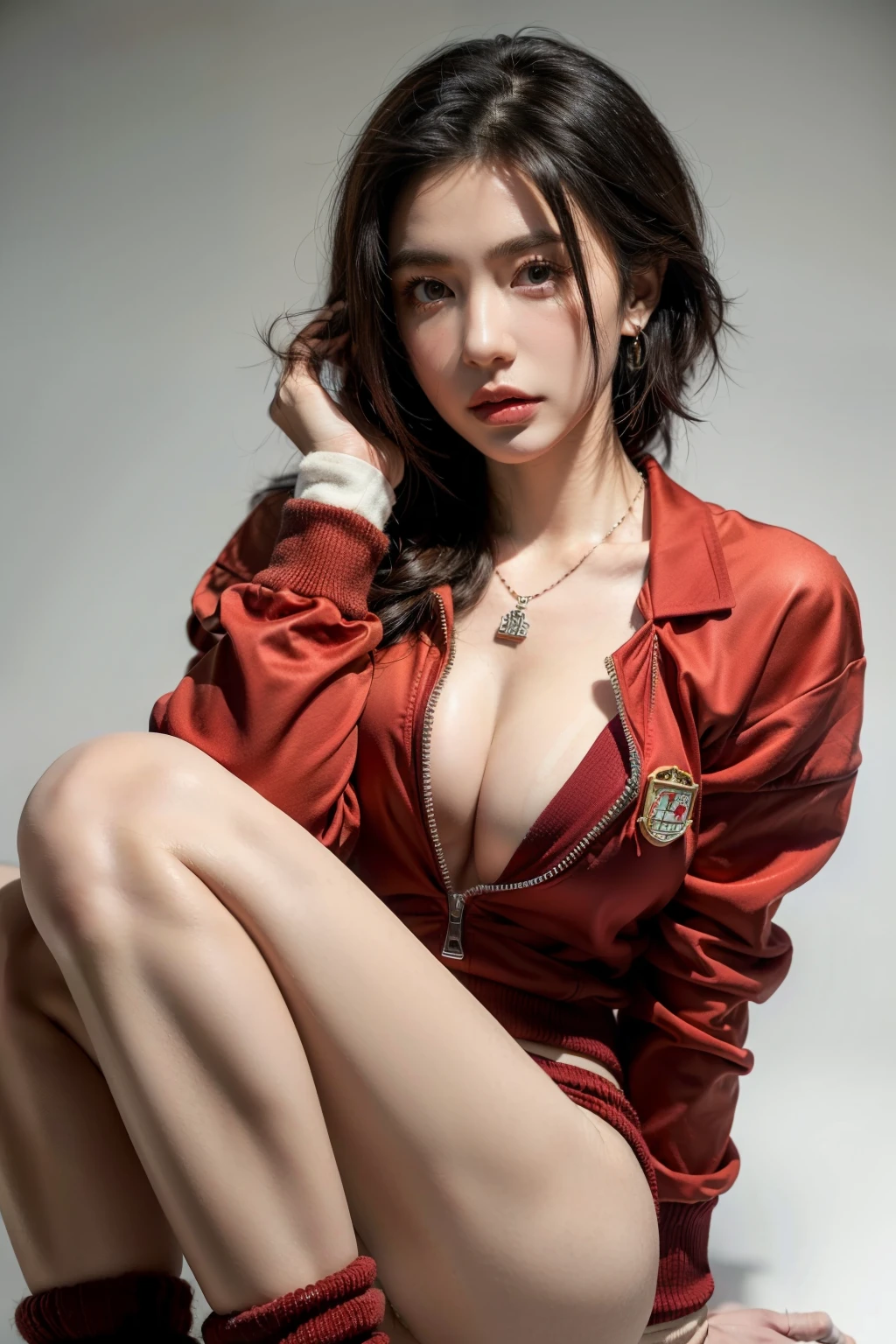 (RAW shooting, Photoreal:1.5, 8k, highest quality, masterpiece, ultra high resolution), perfect dynamic composition:1.2, Highly detailed skin and facial textures:1.2,beautiful and aesthetic:1.2, full body, sneakers, Fair skin, (large breast:1.4, Chest gap:1.4),(ayuhara natsu,asian,earrings,necklace,1girl, tall, long legs, makeup, black hair, short hair,perfect thigh, tight short shorts,tight red jacket,bandages,knee pads),(simple background:1),