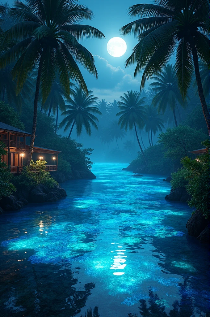 create a lagoon where's the water is glowing and shining beautifully. ultra-sharp, highly-detailed, realistic. 