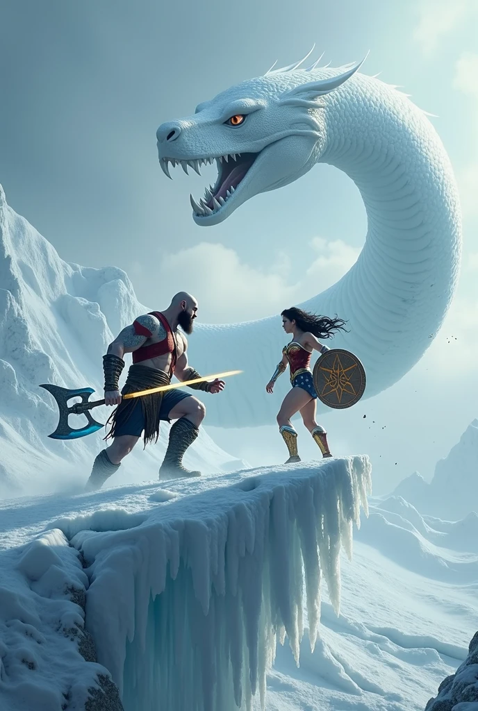 The fight scene between Kratos and Wonder Woman in the iceberg. Kratos uses a Leviathan axe with a glowing blue blade, while Wonder Woman uses a glowing golden sword and a round shield. The background is a giant white snake that is very exaggerated.