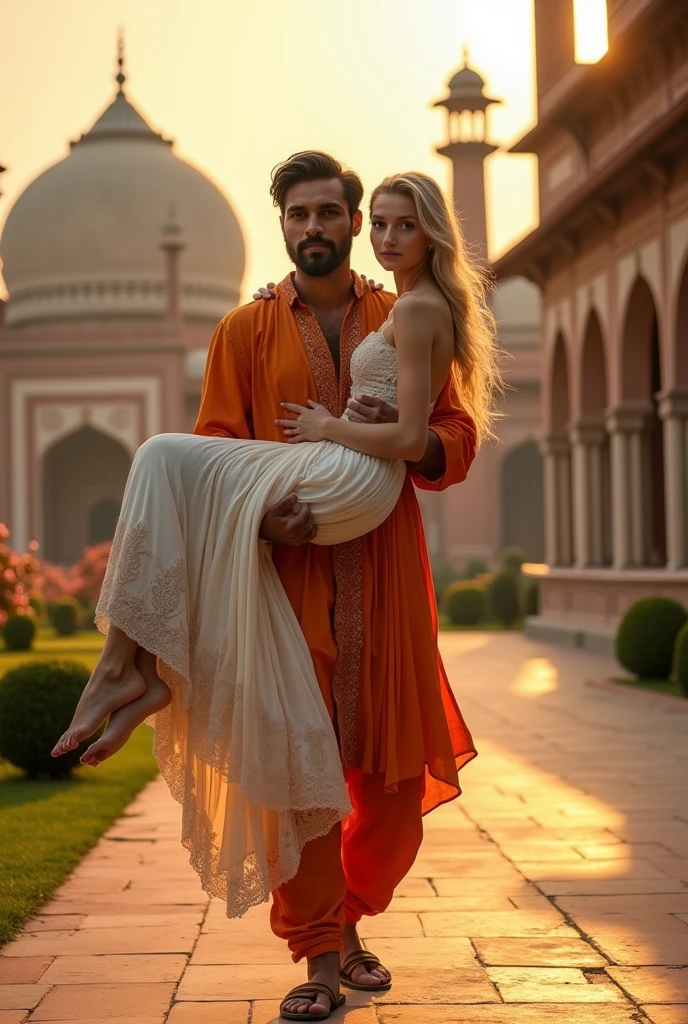 An Indian man wearing an orange kurta and pyjama outfit is walking with a young French blonde woman in his arms. The young french woman is wearing white and chocolate colored clothes and both are walking while looking at the camera. This scene is from ancient times. Both are also wearing ancient clothes. The time period is 17th century.