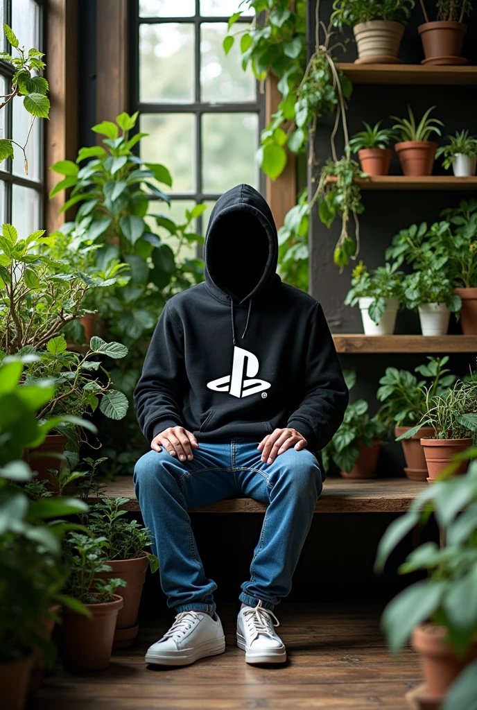 The image depicts a person sitting on a wooden bench in a room filled with various plants. The person is wearing a black hoodie with the logo ((PlayStation)) on the front, blue jeans, and white sneakers. The individual's face has been abstracted with pixelation to maintain privacy. The surrounding area is green with many potted plants placed on shelves and floors, creating a tranquil indoor garden atmosphere.