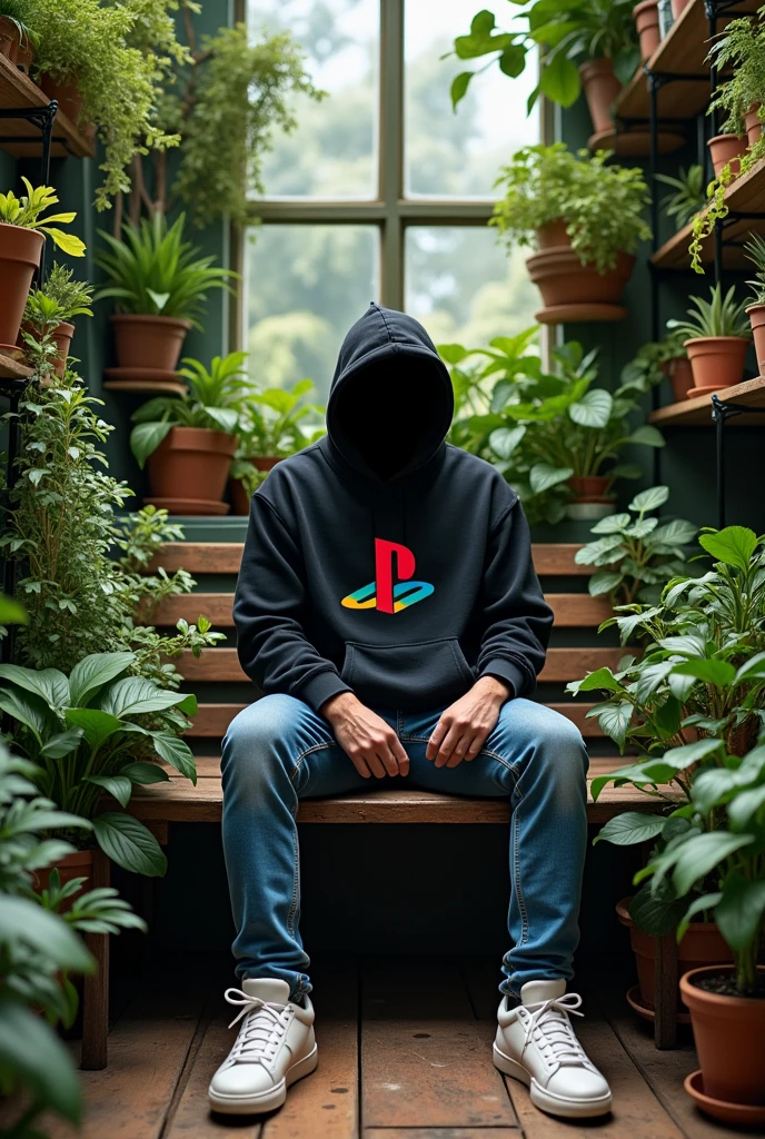 The image depicts a person sitting on a wooden bench in a room filled with various plants. The person is wearing a black hoodie with the logo ((PlayStation)) on the front, blue jeans, and white sneakers. The individual's face has been abstracted with pixelation to maintain privacy. The surrounding area is green with many potted plants placed on shelves and floors, creating a tranquil indoor garden atmosphere.