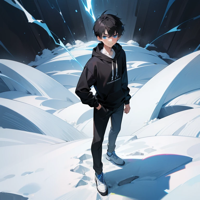 Masterpiece, best quality, high quality, 1boy, Solo, 21years old, has short Black hair, has Blue eyes, wears black and white sweatshirt, happy expression, handsome face, slim body, with Electricity on his body, standing, in the Snow Mountain, sunny day