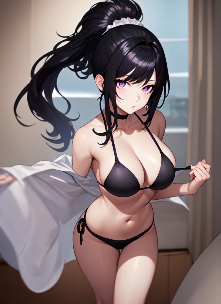 One person, Black Hair, Purple eyes, Large Breasts, Short Ponytail, Bikini Maid Beautiful Legs Upward Eyes, 