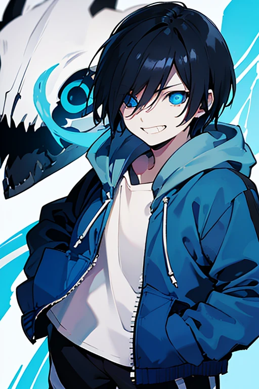 Blue hoodie、short hair、Zip-up、cool、Put your hands in your pockets、The right eye is pitch black.、Left eye glows blue、Put on the hood、Grinning face、Black Hair、The final corridor、Black shorts、((human))、Bone attack、Special attack、Gravity operation