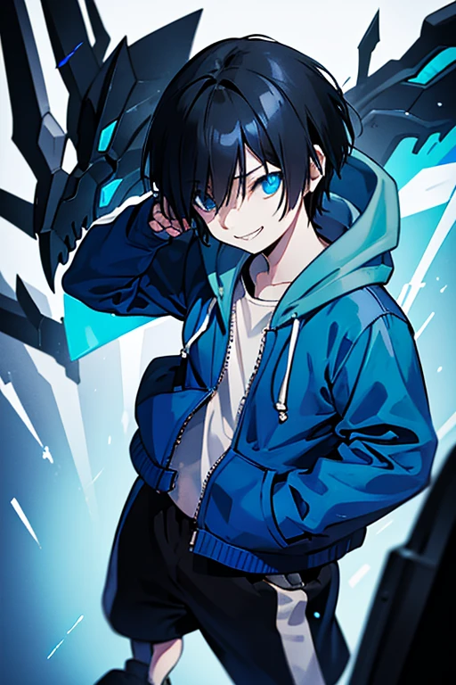 Blue hoodie、short hair、Zip-up、cool、Put your hands in your pockets、The right eye is pitch black.、Left eye glows blue、Put on the hood、Grinning face、Black Hair、The final corridor、Black shorts、((human))、Bone attack、Special attack、Gravity operation