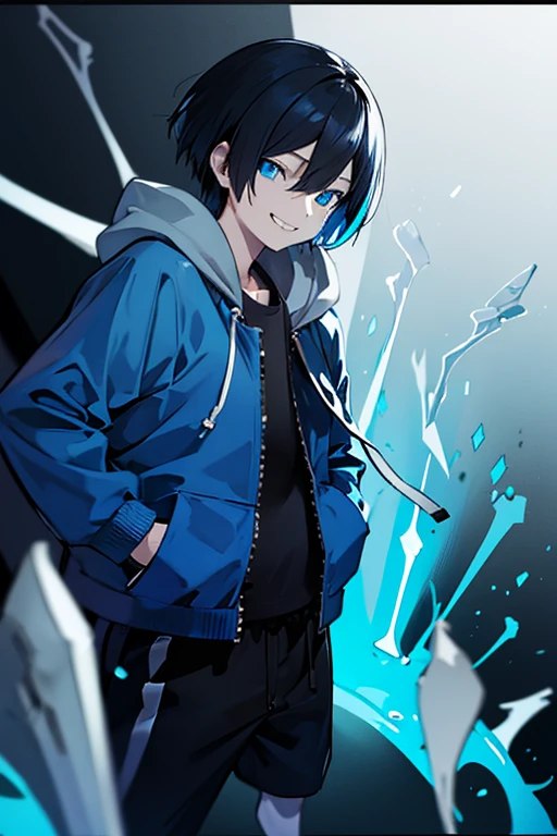 Blue hoodie、short hair、Zip-up、cool、Put your hands in your pockets、The right eye is pitch black.、Left eye glows blue、Put on the hood、Grinning face、Black Hair、The final corridor、Black shorts、((human))、Bone attack、Special attack、Gravity operation