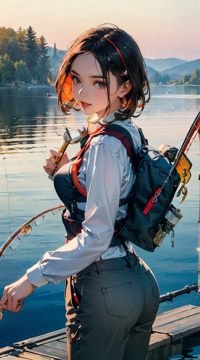 ((((Have a fishing rod with a reel:1.5)))),((Female 28 years old)),((Best Quality:1.5)),(((Fine fingers、Ratio 4 fingers and 1 thumb,detailed arms,detailed human hands))),(((Hands with the correct number and structure of fingers:1.4))),((Lakeside:1.37)),hight resolution,ultra-detailliert,masterpiece,best qualtiy,(Eight-headed body),(1 fishing rod,Holding a fishing rod in your hand,Fishing lure rod,Fishing Reels,Long Sleeve Outdoor Vest,Long pants for fishing,Big backpack),thin and long legs,Beautiful hip line,Beautiful spine,constricted back,Toned waist,beutiful breast),,Gentle smile,shiny lip,(1 fishing rod,Straight stretch fishing rod,Long fishing rod,Woman fishing with fishing rod in hand),Black hair, long eyeslashes, Solid Circle Eyes, drop shadow, Atmospheric perspective,Super Detail, ccurate, small brest,top-quality, blurry backround, bokeh dof:1.2, (masterpiece:1.3), Atmospheric perspective,Super Detail,dynamic compositions, Ultra High Quality,