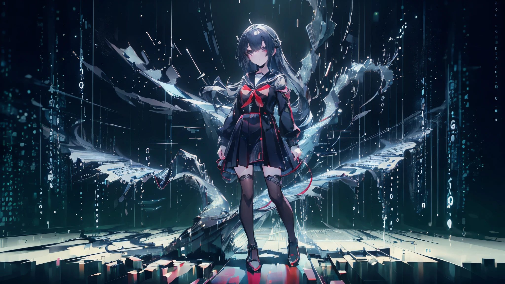 A slightly eerie middle school girl with dark blue hair in a black sailor uniform with white lines and a red scarf, holding a flask and test tube of different translucent colors in both hands, striking a confident pose. She has a smirk and a haunting gaze that suggests a yandere-like obsession with her experiments, implying a deep love for human personality study. The character is centrally positioned against a background featuring quantum mechanics diagrams, complex mathematical formulas, and a faintly blended DNA double helix, all adding to the ominous atmosphere.