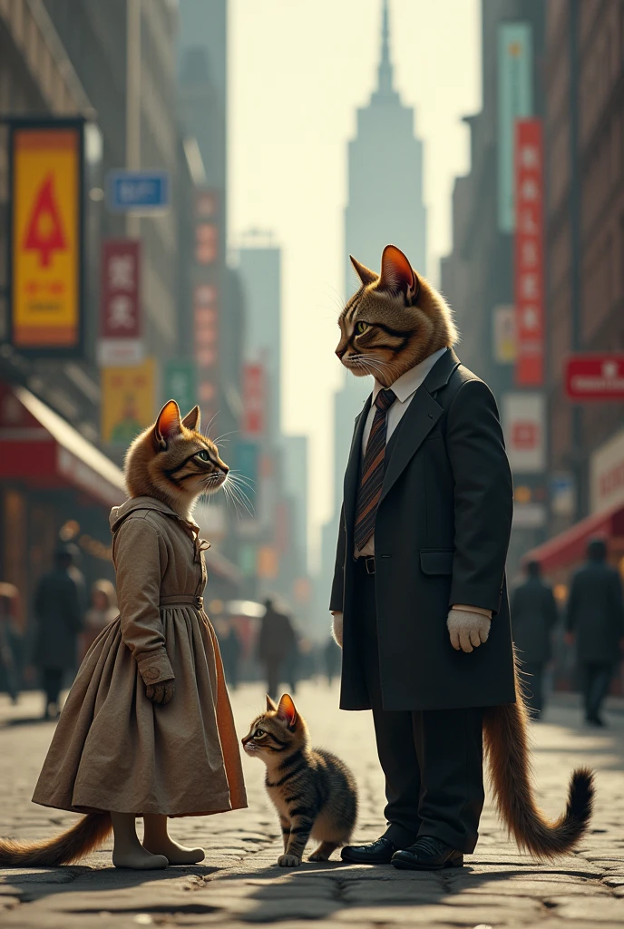 Here’s a detailed prompt for your scene:
**Prompt:**
A realistic, full-body, ultra-detailed scene in 4K/8K resolution. In the city, a poor cat in a dirty, tattered dress stands with a forlorn expression, gazing longingly at a well-dressed cat. The well-dressed cat is in a beautiful, elegant outfit, accompanied by a handsome cat also dressed in fine attire. They stand together with a small, adorable kitten between them. The city backdrop shows urban elements such as buildings, streets, and subtle signs of city life. The contrast between the two cats’ appearances highlights the disparity in their social status, and the scene conveys a poignant moment of yearning and grace.