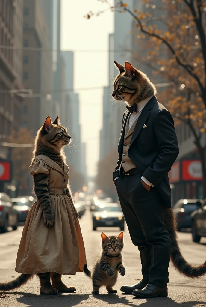 Here’s a detailed prompt for your scene:
**Prompt:**
A realistic, full-body, ultra-detailed scene in 4K/8K resolution. In the city, a poor cat in a dirty, tattered dress stands with a forlorn expression, gazing longingly at a well-dressed cat. The well-dressed cat is in a beautiful, elegant outfit, accompanied by a handsome cat also dressed in fine attire. They stand together with a small, adorable kitten between them. The city backdrop shows urban elements such as buildings, streets, and subtle signs of city life. The contrast between the two cats’ appearances highlights the disparity in their social status, and the scene conveys a poignant moment of yearning and grace.